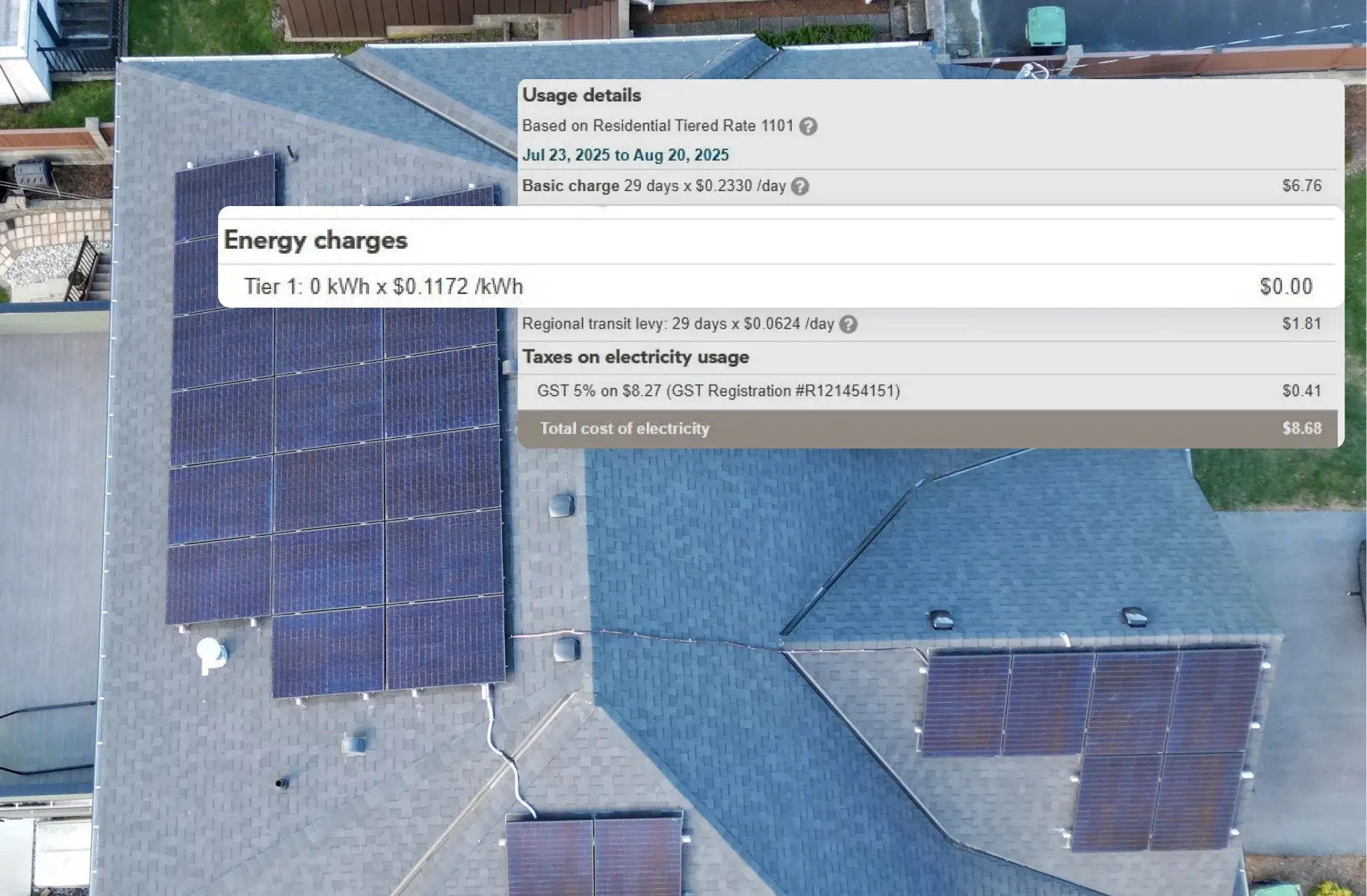 Actual power bill from BC Hydro showcase the electricity cost of a house with solar system installed.